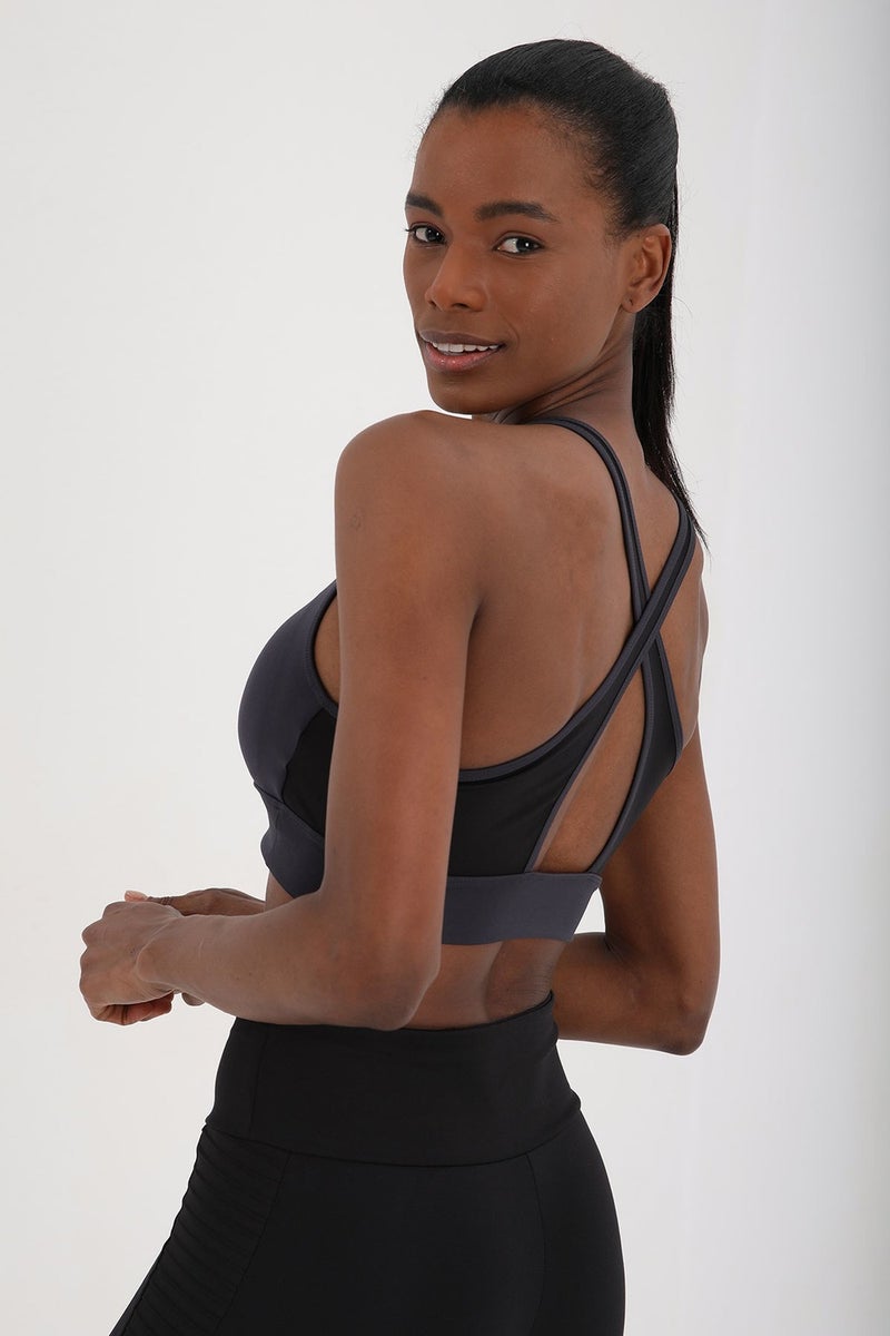 Anthracite Women's Cross Back Detail Slim Fit U Neck Sports Bustier - 97121