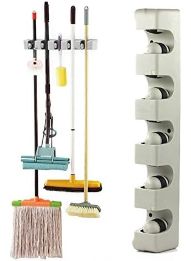 Bureze 5 Position 6 Hooks Wall Mounted Mop Broom Holder Hanger Kitchen Shelf Storage Holder Garage Storage  - Image 1