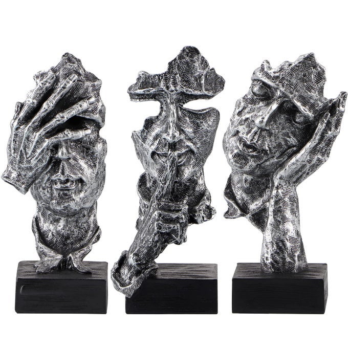3PCS THINKER STATUE NO HEAR NO SEE NO SPEAK ABSTRACT ART FIGURINE SCULPTURE DECOR FOR OFFICE DESKTOP BOOKSHELF SILVER