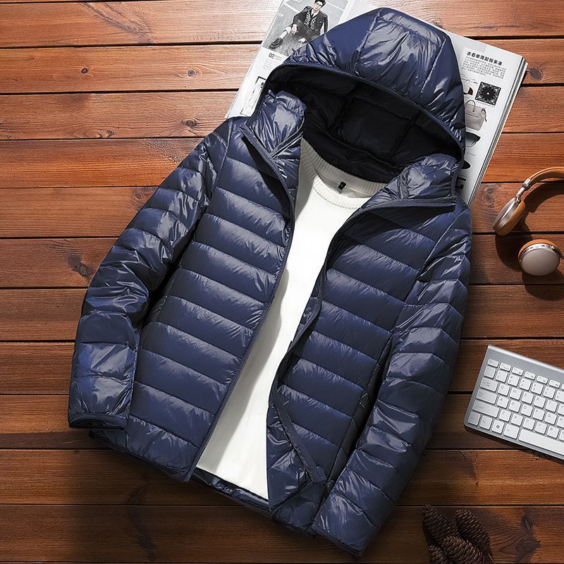Autumn Winter Light Down Cotton Jacket for Couples Navy Blue [Hooded]] 