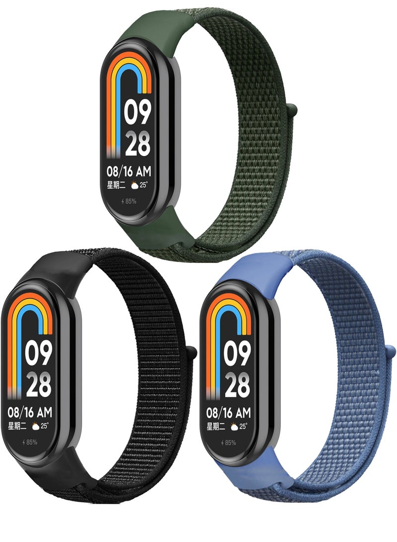 حَبْل تِك 3 قطع شريط نايلون متوافق مع مجموعة شياومي مي Band 10/Mi Band 9/Mi Band 8 لينة قابلة للضبط للرجال والنساء (أسود نقي + أزرق + أخضر) - Image 1