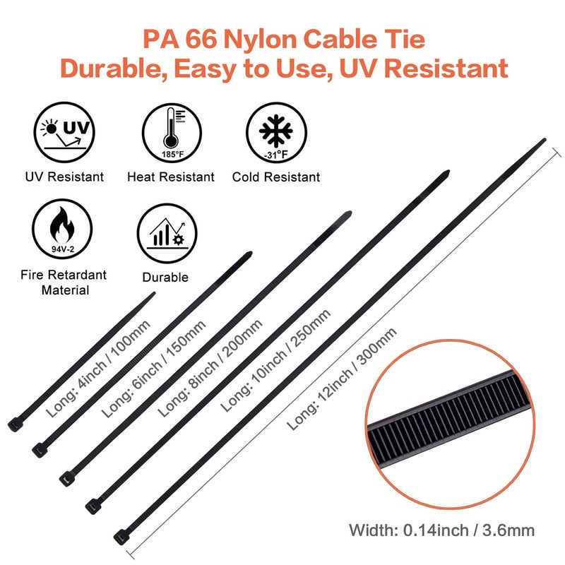 ZYIMING Zip Ties Assorted Sizes 700 Pack 4+6+8+10+12 Inch Cable Ties Heavy Duty 40lbs Plastic Wire Ties UV Resistant Zipties Black Small Zip Tie Wraps Assortment Cord Management for Home, Office, Gardening - Image 4
