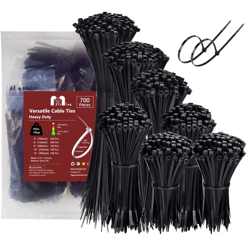 ZYIMING Zip Ties Assorted Sizes 700 Pack 4+6+8+10+12 Inch Cable Ties Heavy Duty 40lbs Plastic Wire Ties UV Resistant Zipties Black Small Zip Tie Wraps Assortment Cord Management for Home, Office, Gardening - Image 1