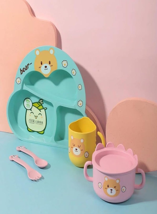 Invite Enterprise Toddler Plate and Bowl Set Cutlery Cup and Plate Divided Baby Dinner Plate Bamboo Kids Food Plate Microwave Dishwasher Safe Cute Bear Shaped Cartoon Self Feeding Plate for Kids(Bear-Yellow) - Image 4