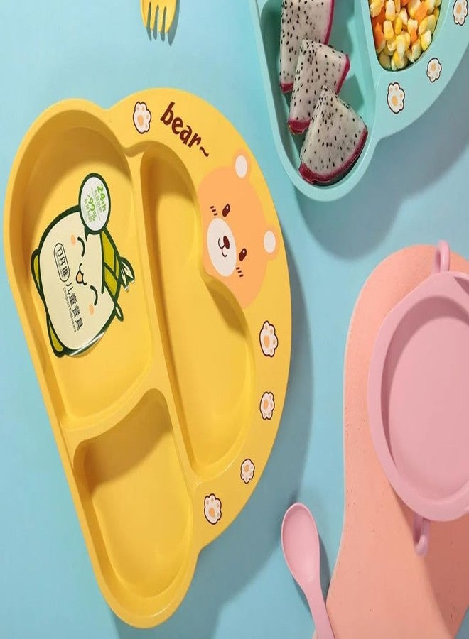 Invite Enterprise Toddler Plate and Bowl Set Cutlery Cup and Plate Divided Baby Dinner Plate Bamboo Kids Food Plate Microwave Dishwasher Safe Cute Bear Shaped Cartoon Self Feeding Plate for Kids(Bear-Yellow) - Image 1