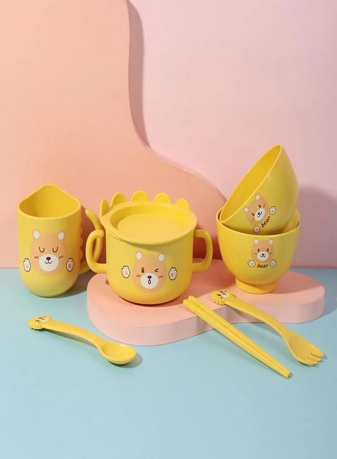 Invite Enterprise Toddler Plate and Bowl Set Cutlery Cup and Plate Divided Baby Dinner Plate Bamboo Kids Food Plate Microwave Dishwasher Safe Cute Bear Shaped Cartoon Self Feeding Plate for Kids(Bear-Yellow) - Image 5