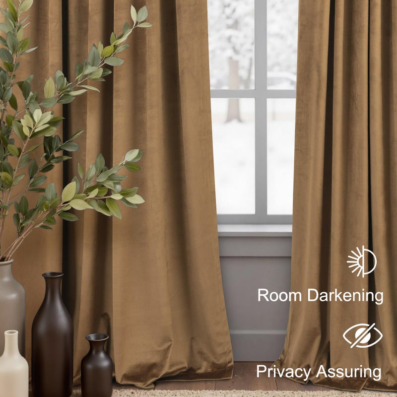 Pitalk Velvet Curtains 84 Inch Length 2 Panels Set Gold Brown Light Blocking Thermal Insulated Room Darkening Window Drapes Soft Luxury Curtain for Living Room Bedroom Back Tab Pleated Pocket 7ft Long Golden - Image 5