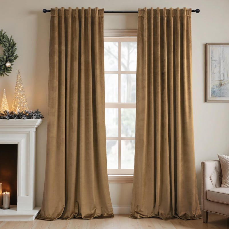 Pitalk Velvet Curtains 84 Inch Length 2 Panels Set Gold Brown Light Blocking Thermal Insulated Room Darkening Window Drapes Soft Luxury Curtain for Living Room Bedroom Back Tab Pleated Pocket 7ft Long Golden - Image 1