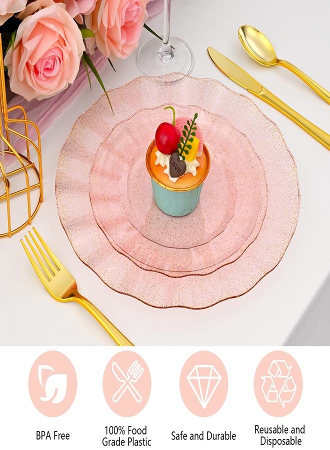 ISFANGCO 60Pcs Premium Pink Plastic Plates, Fancy Clear Pink Gold Glitter Disposable Plate, Elegant Wedding Plate Set include 30 10" Dinner & 30 7" Dessert Plates for Party & Wedding（30Guests） - Image 4