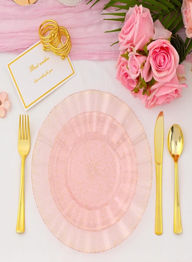 ISFANGCO 60Pcs Premium Pink Plastic Plates, Fancy Clear Pink Gold Glitter Disposable Plate, Elegant Wedding Plate Set include 30 10" Dinner & 30 7" Dessert Plates for Party & Wedding（30Guests） - Image 2