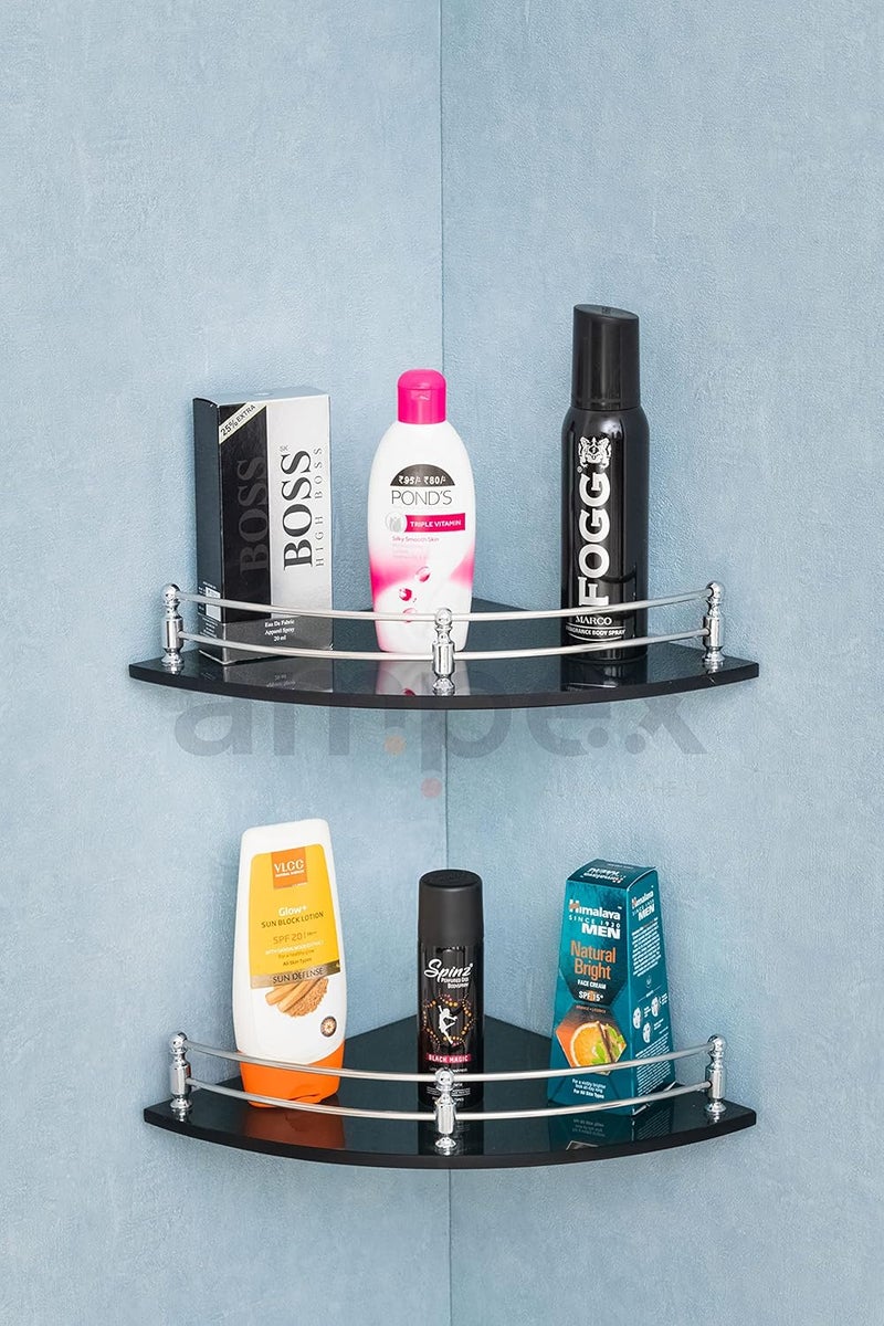 Ampex AMPEX Premium Black Glass Corner Shelf for Bathroom and Kitchen AccesoriesWall ShelfStorage ShelfShelvesWall Mount Stand for Home Decore 9x9 InchesBlack Round Pack of 2 - Image 1