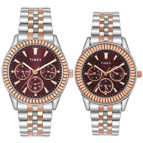 TIMEX ساعة تيمكس التناظرية للجنسين مع قرص دائري بورجوندي وسوار من الفولاذ المقاوم للصدأ متعدد الألوان مقاومة للماء - TW0PRE003 - Image 1