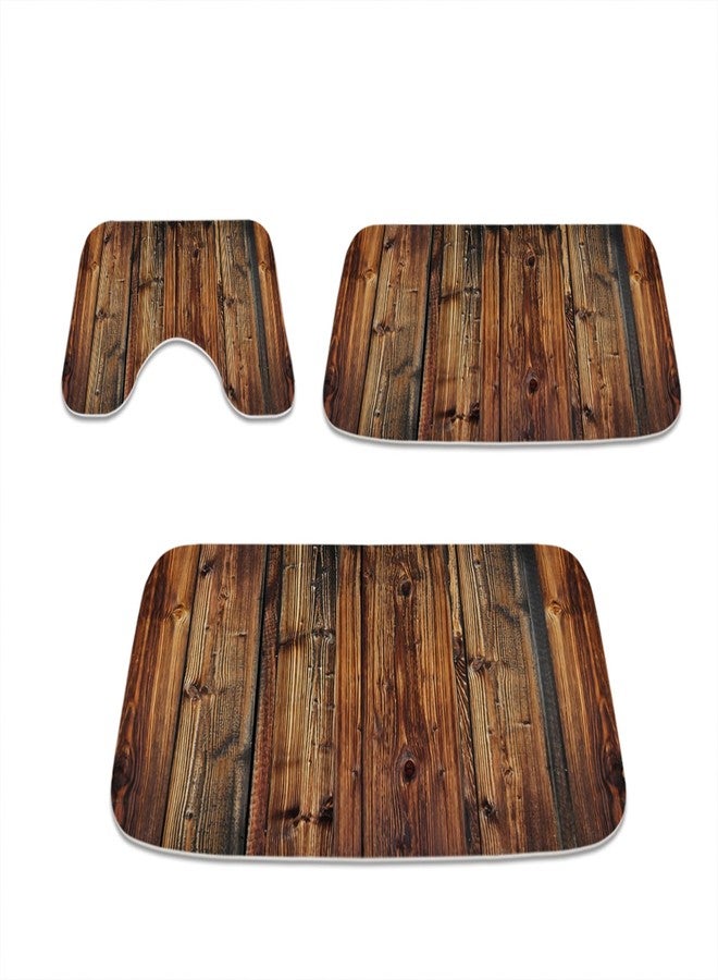 Final Friday Rustic Farmhouse Wooden Board Print Bathroom Rugs and Mats Sets 3 Piece, Wood Western Country Bath Mat 20 x 31 in, Coral Velvet Memory Foam U-Shaped Contour Shower Mat Non Slip Absorbent - Image 1