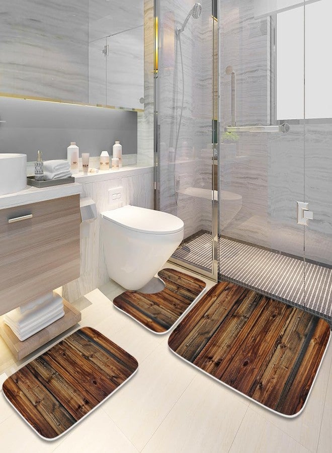 Final Friday Rustic Farmhouse Wooden Board Print Bathroom Rugs and Mats Sets 3 Piece, Wood Western Country Bath Mat 20 x 31 in, Coral Velvet Memory Foam U-Shaped Contour Shower Mat Non Slip Absorbent - Image 4