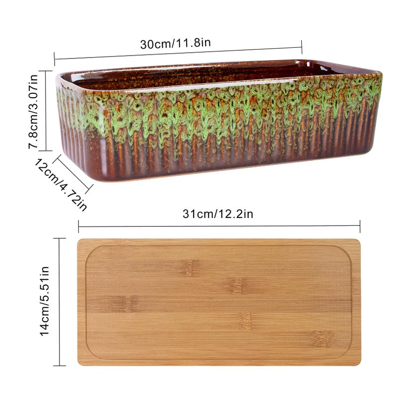 ARTKETTY Succulent Pots - 12 Inch Large Succulent Planters with Drainage Tray, Window Sill Planter, Long Rectangle Ceramic Pots for Indoor Cactus Plants Shallow Bonsai Window Box for Home Garden Decor - Image 2