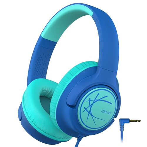 iClever Kids Headphones with Cord, 85dBA Safe Volume Wired Headphones for Kids, Stereo Sound Foldable Adjustable, 3.5mm Jack, Over Ear Child Headphone for School/Boys/Girls/iPad/Tablet/Travel, Blue - Image 1