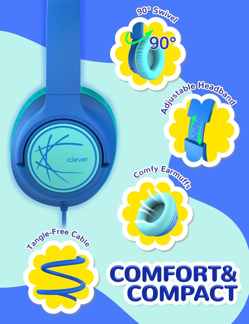 iClever Kids Headphones with Cord, 85dBA Safe Volume Wired Headphones for Kids, Stereo Sound Foldable Adjustable, 3.5mm Jack, Over Ear Child Headphone for School/Boys/Girls/iPad/Tablet/Travel, Blue - Image 5