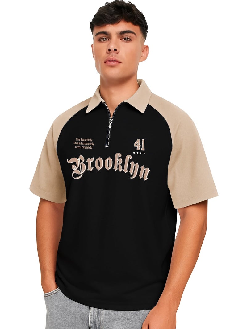 Jump Cuts Mens Printed Polo Neck Raglan Half Sleeve Black Cotton Blend T-Shirt - Image 1