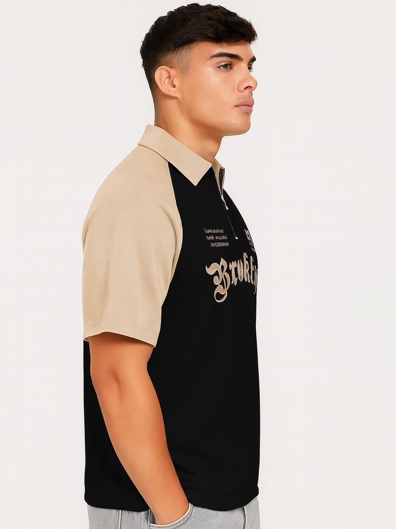Jump Cuts Mens Printed Polo Neck Raglan Half Sleeve Black Cotton Blend T-Shirt - Image 2