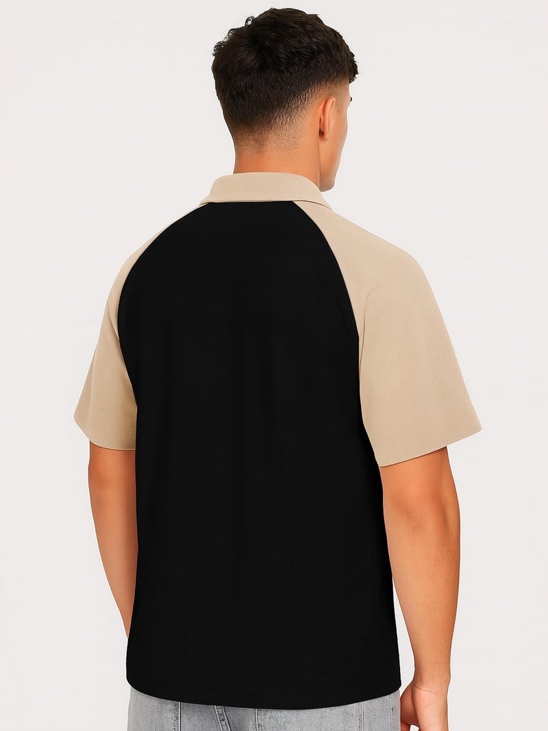 Jump Cuts Mens Printed Polo Neck Raglan Half Sleeve Black Cotton Blend T-Shirt - Image 3