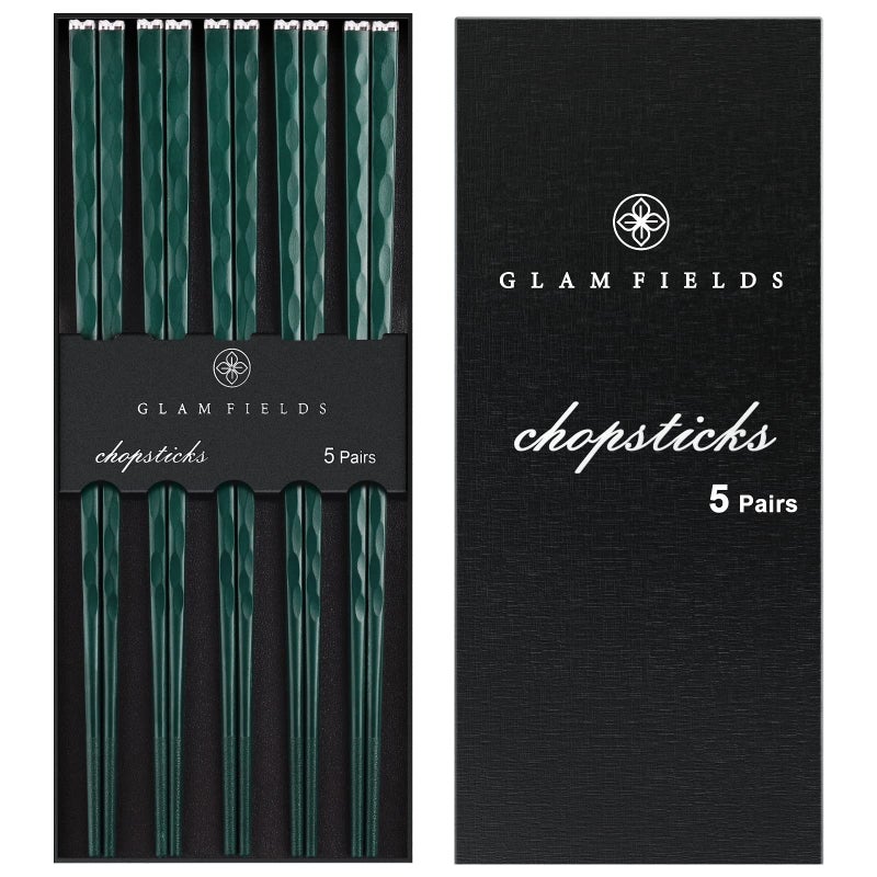 GLAMFIELDS 5 Pairs Chopsticks Reusable Premium Fiberglass Chop sticks Dishwasher Safe for Sushi Ramen Nonslip 9 12 inches Gift Set Green with Silver Plated