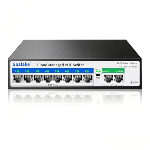 Goalake 8-Port 100Mbps PoE Switch with 2 Gigabit Uplink, 120W Built in Power, 250m Extend Function, VLAN, QoS, Fanless Metal, Desktop/Wall Mount, Plug and Play - Image 1