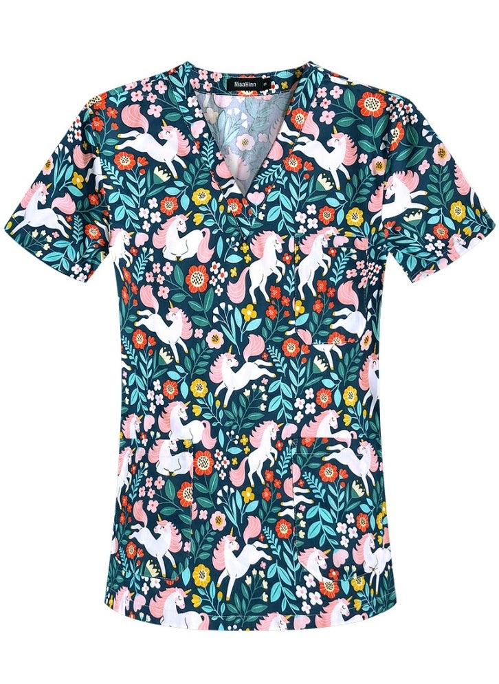 Loquat V-Neck Printed Medical Uniform Scrubs Top for Women Workwear Soft Comfty Easy Care 