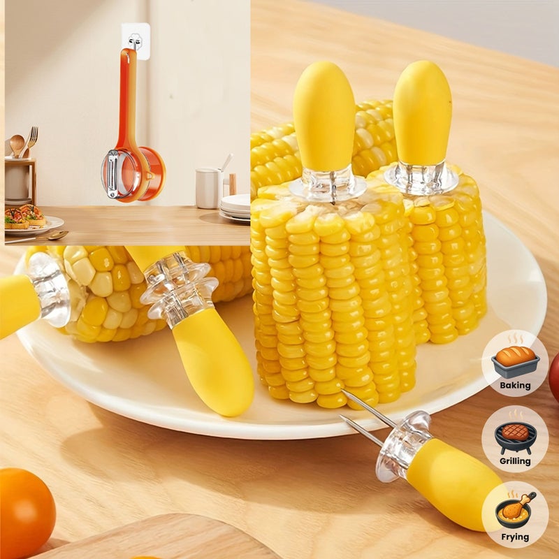 4pcs Multi Functional Corn Grilling Forks Plus 1pc Fruit Vegetable Peeler With Storage Box Made of PET Material and Stainless Steel Blades - Image 1