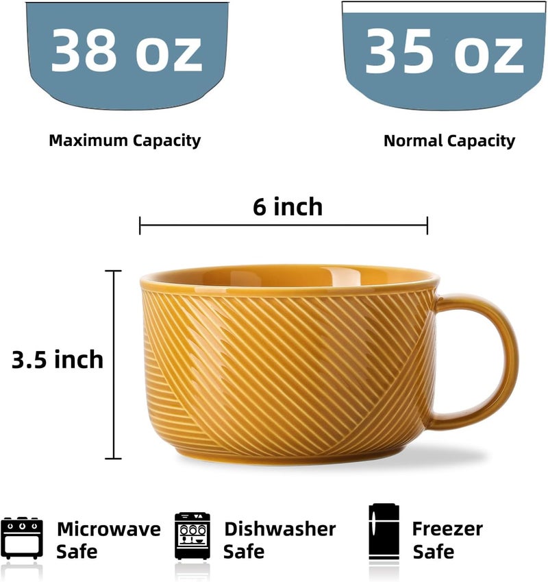 Adewnest Ceramic Soup Bowl with Handle 38 oz Microwave Safe Extra Large Mug for Oatmeal Cereal Breakfast Meal Prep Work Lunch Dorm Living Single Serve Dinner  6 Inch Mustard Yellow - Image 2