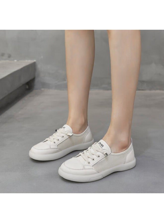 ZHR Zhr Women's Casual Shoes Flat Bottom Summer Mesh Breathable Student Trendy Lightweight Versatile Women's Shoes Fashion Jelly Bottom Slip-on Genuine Leather Small White Shoes Women A81 Beige 38 - Image 3