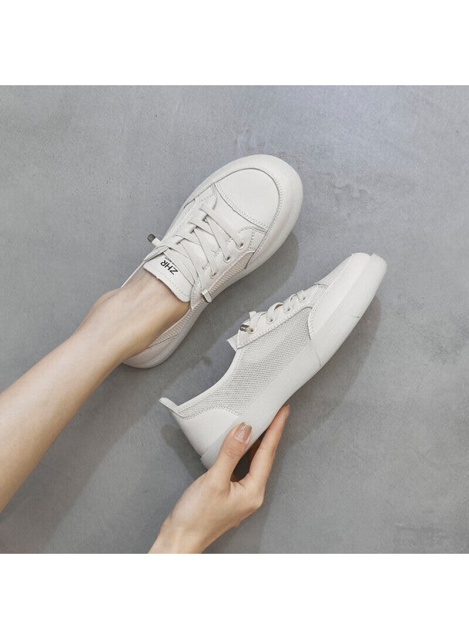 ZHR Zhr Women's Casual Shoes Flat Bottom Summer Mesh Breathable Student Trendy Lightweight Versatile Women's Shoes Fashion Jelly Bottom Slip-on Genuine Leather Small White Shoes Women A81 Beige 38 - Image 2