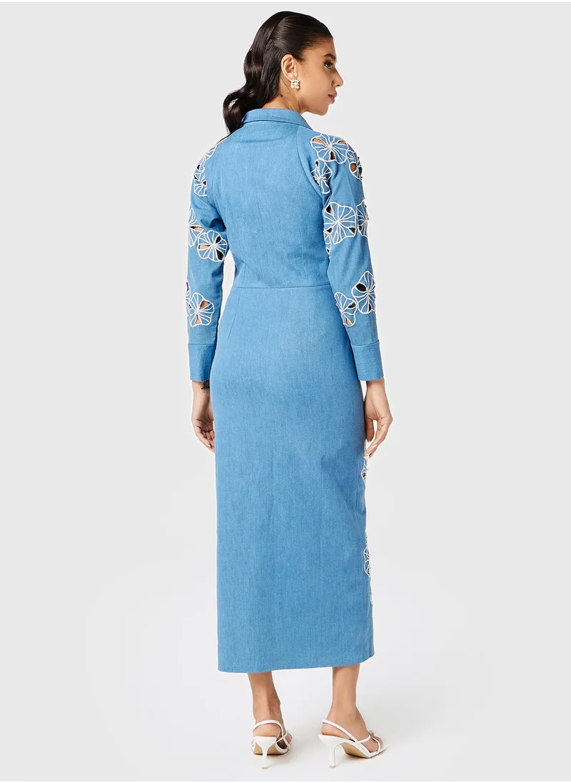 Threadz by Ajooni Neck Cutout Denim Cutwork Dress