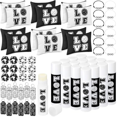 Heigble 60 Pcs Volleyball Team Gifts 12 Cosmetic Makeup Bags 12 Hair Scrunchies 12 Charm Bracelet 12 Lip Balm 12 Lipstick Holder Keychain Volleyball Party Favors Supplies Black - Image 1