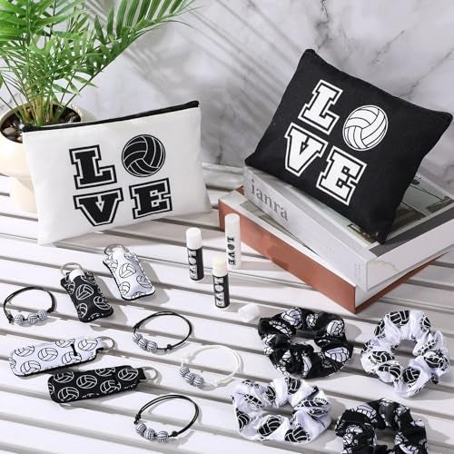 Heigble 60 Pcs Volleyball Team Gifts 12 Cosmetic Makeup Bags 12 Hair Scrunchies 12 Charm Bracelet 12 Lip Balm 12 Lipstick Holder Keychain Volleyball Party Favors Supplies Black - Image 5