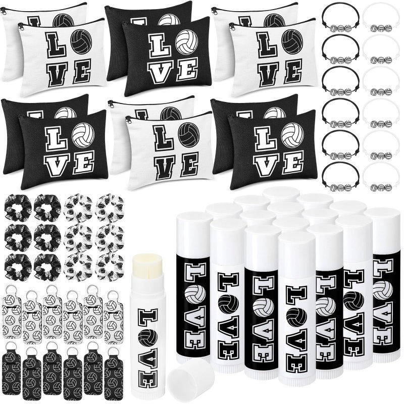 Heigble 60 Pcs Volleyball Team Gifts 12 Cosmetic Makeup Bags 12 Hair Scrunchies 12 Charm Bracelet 12 Lip Balm 12 Lipstick Holder Keychain Volleyball Party Favors Supplies Black - Image 3