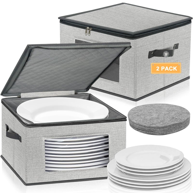 Homyfort China Storage Containers, 12 Inch Dinner Plate Dish Storage Containers, Hard Shell Quilted Dinnerware Storage Box Case with Lids and Felt Protectors for Dishes Plates Storage and Moving (Light Grey) - Image 1