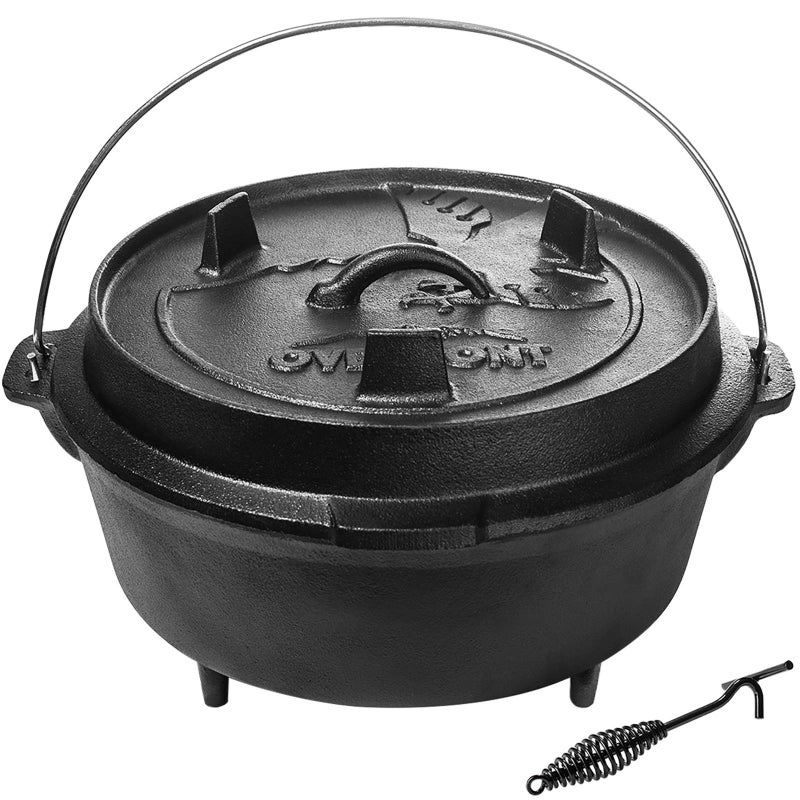 Overmont Camp Dutch Oven Pre Seasoned Cast Iron Lid Also a Skillet Casserole Pot with Lid Lifter for Camping Cooking BBQ Baking 9QTPotLid