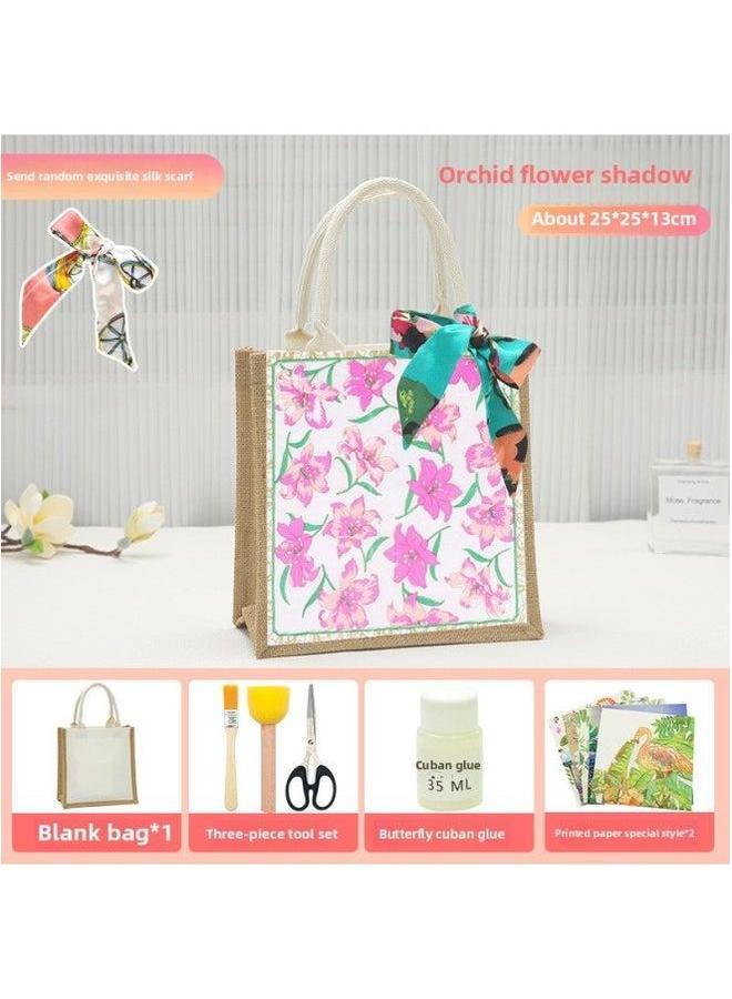 Thanksgiving Diy Handmade Butterfly Ancient Bart Canvas Tote Bag Sack Paste Group Building Parent-child Material Warm-up Field-Color:Butterfly Cuban Orchid Flower Shadow Pack + Small Burlap Vertical Style  - Image 1