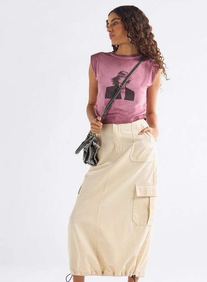 Splash FAV Printed Sleeveless T-shirt with Ruched Detail