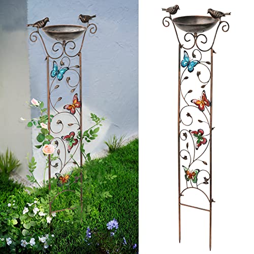 SUNNYPARK Bird Bath with Trellis Outdoor, Antique Garden Iron Trellis with Decorative Butterflies Detachable Bird Bowl Metal Potted Plants Support for Climbing Flowers - Image 1