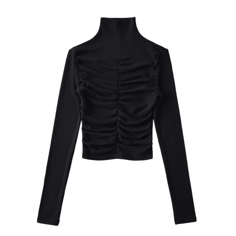 2023 Design Pleated Tight Bottoming Shirt Women'S Elastic Tight Figure Fleece-Lined Turtleneck Long Sleeve T-Shirt - Image 1