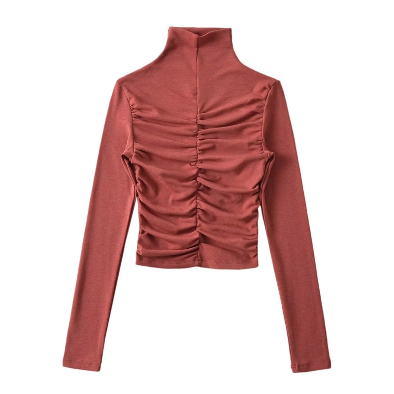 2023 Design Pleated Tight Bottoming Shirt Women'S Elastic Tight Figure Fleece-Lined Turtleneck Long Sleeve T-Shirt - Image 5