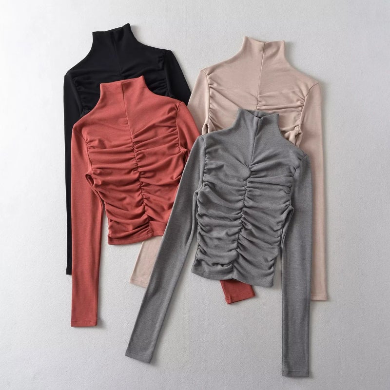 2023 Design Pleated Tight Bottoming Shirt Women'S Elastic Tight Figure Fleece-Lined Turtleneck Long Sleeve T-Shirt - Image 2