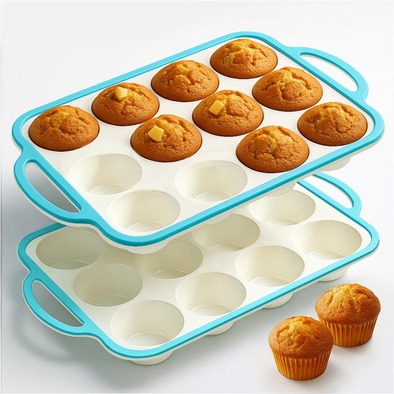 Fimary Silicone Muffin Pans for Baking 2 Pack, 2.6 Inch with Metal Reinforced Frame, Regular Size Nonstick Cupcake Pan 12 Cups for Baking Homemade Muffins, Dishwasher Safe BPA Free-Blue - Image 1