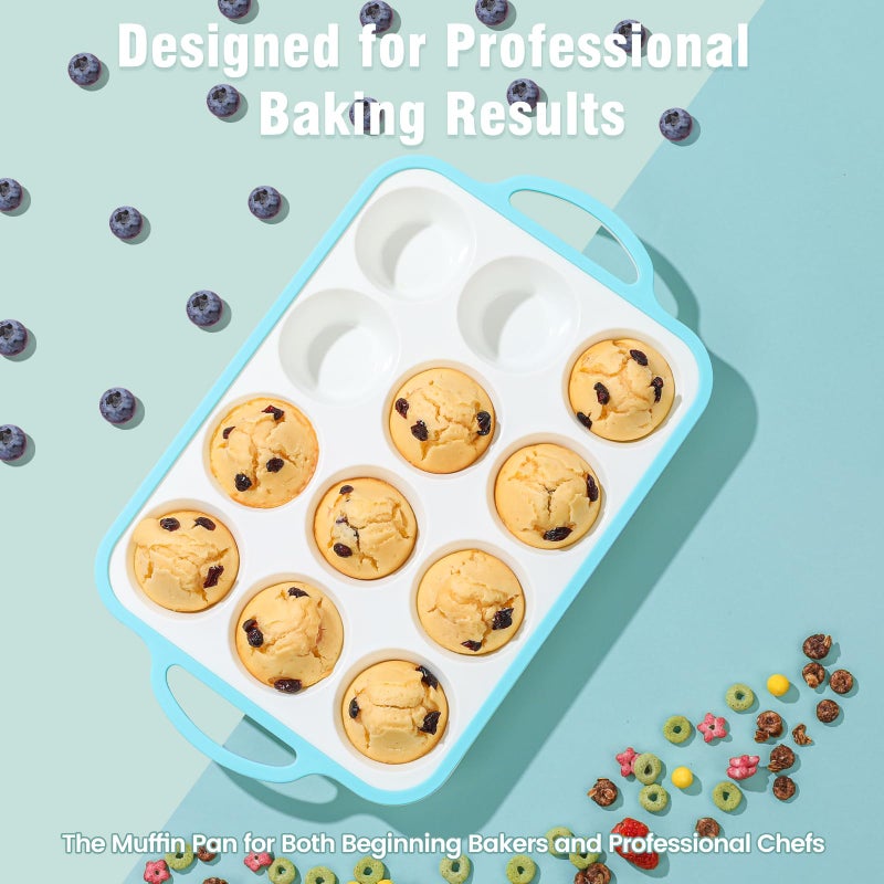 Fimary Silicone Muffin Pans for Baking 2 Pack, 2.6 Inch with Metal Reinforced Frame, Regular Size Nonstick Cupcake Pan 12 Cups for Baking Homemade Muffins, Dishwasher Safe BPA Free-Blue - Image 2