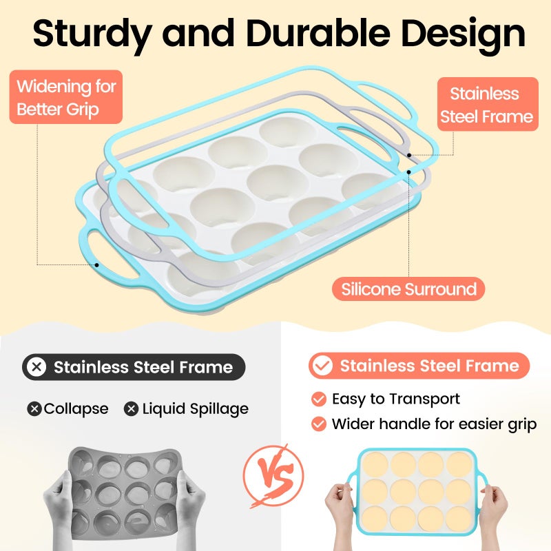 Fimary Silicone Muffin Pans for Baking 2 Pack, 2.6 Inch with Metal Reinforced Frame, Regular Size Nonstick Cupcake Pan 12 Cups for Baking Homemade Muffins, Dishwasher Safe BPA Free-Blue - Image 4