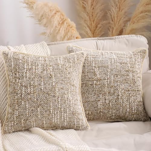 LUOYEHK Boho Throw Pillow Covers 18x18 Set of 2 Cozy Farmhouse Pillow Covers with Fringe Texture Neutral Chenille Cushion Covers for Couch Sofa Bed Living Room Khaki - Image 1