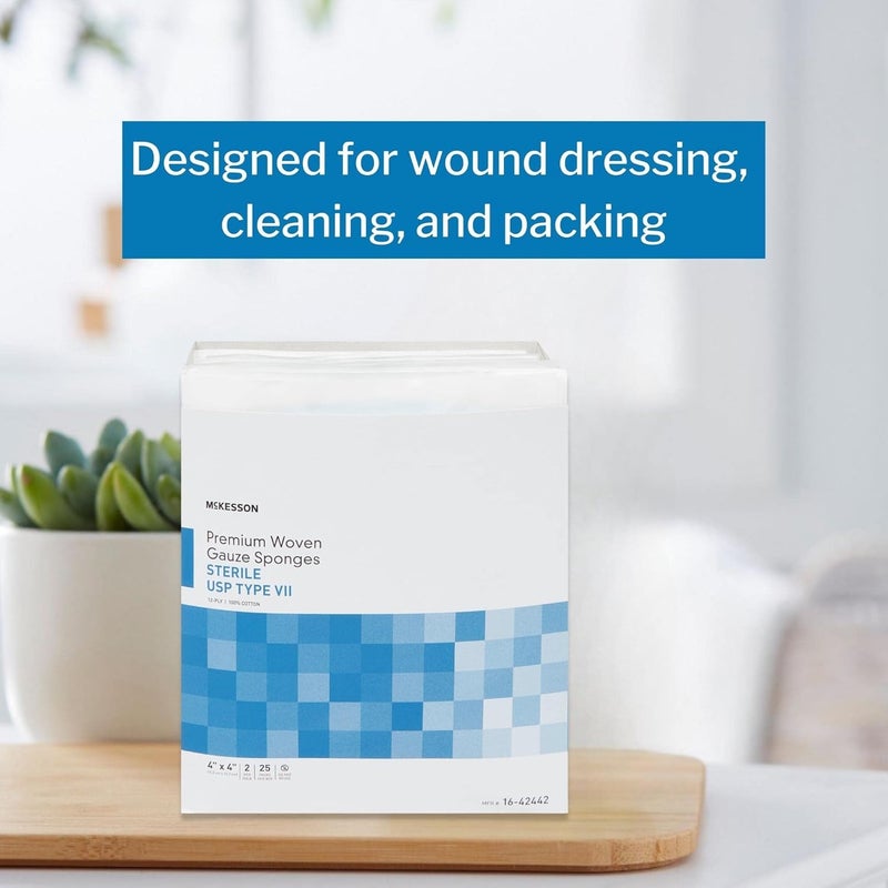 McKesson Premium Woven Gauze Sponges Sterile 12Ply USP Type VII 100 Cotton 4 in x 4 in 2 per Pack 25 Packs 50 Total - Image 4