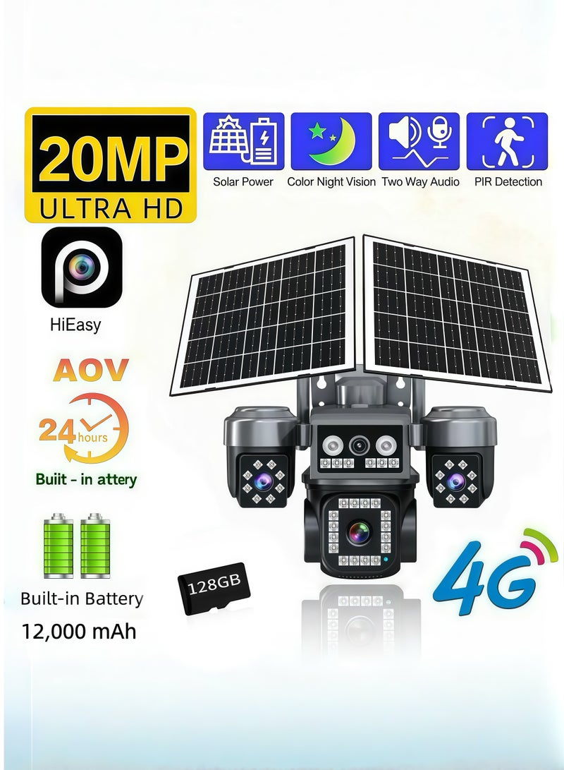 Generic 8K 20MP AOV 4G solar-powered PTZ security camera featuring 24/7 quad-screen recording, a built-in 12,000mAh battery, and wide-angle outdoor wireless surveillance capabilities (With 128GB SD Card) - Image 1