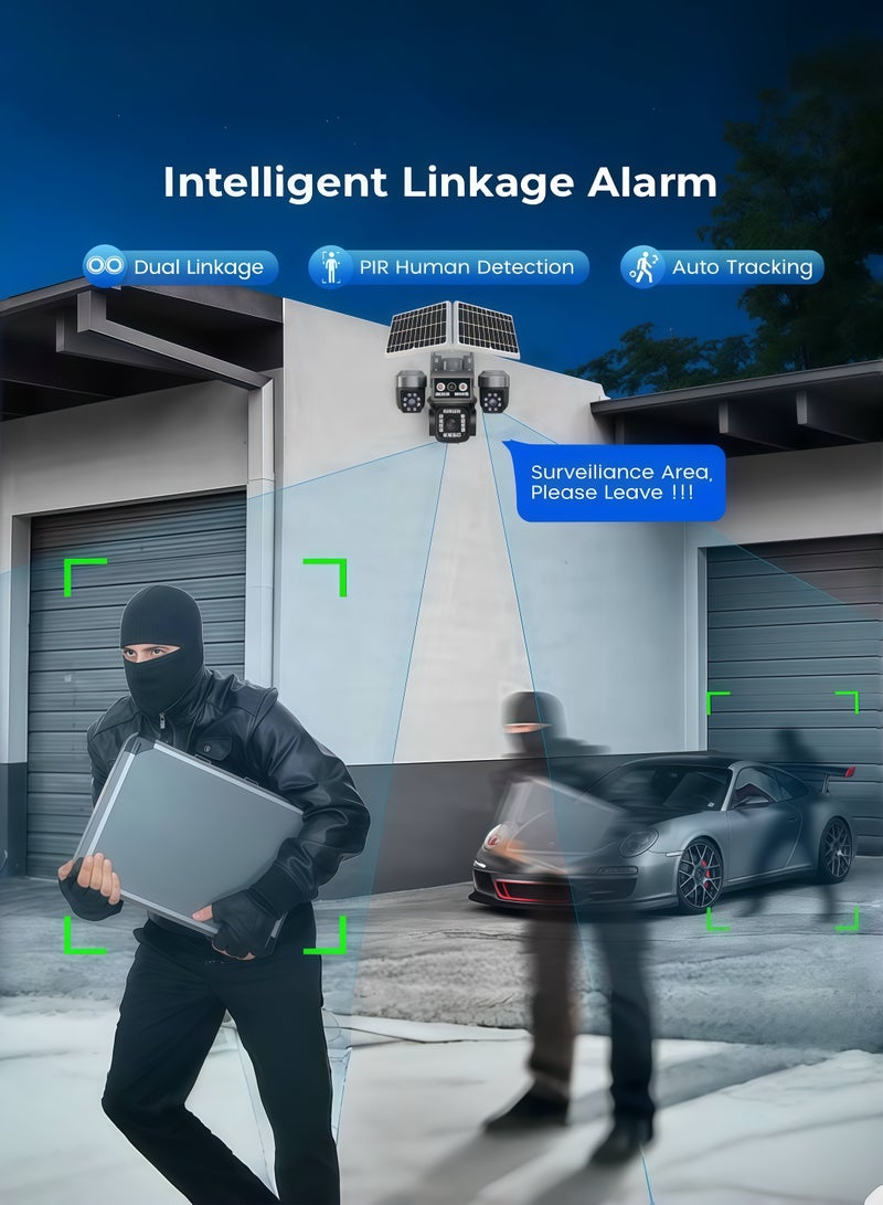 Generic 8K 20MP AOV 4G solar-powered PTZ security camera featuring 24/7 quad-screen recording, a built-in 12,000mAh battery, and wide-angle outdoor wireless surveillance capabilities (With 128GB SD Card) - Image 3